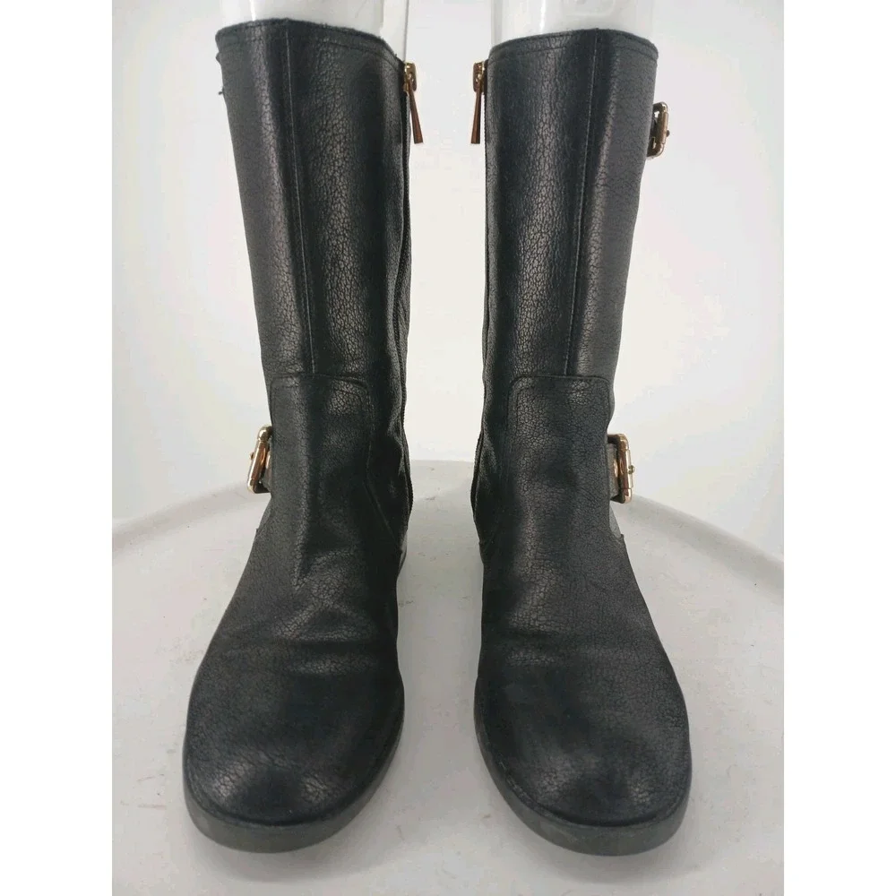 Vince Camuto Black Leather Moto Boots Womens Size 7.5M Gold Buckles C124